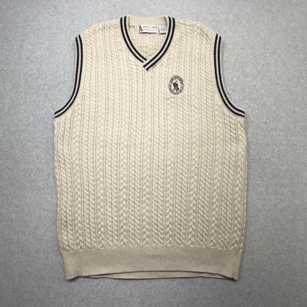 Vintage 1999 US Open Pinehurst No 2 Sweater Vest Men Large Beige Cable Knit Golf